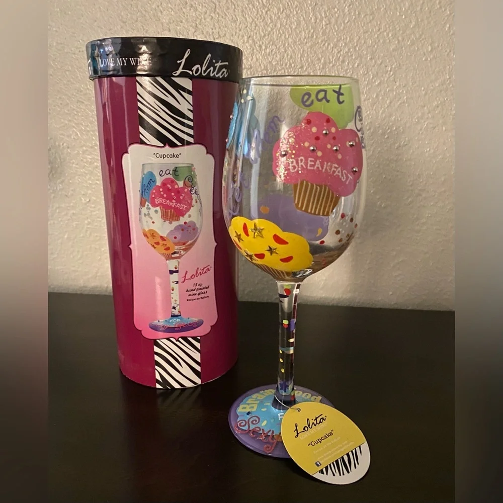 Lolita Cupcake Wine Glass 15oz Hand Painted Collectible NIB Recipe Glass Barware